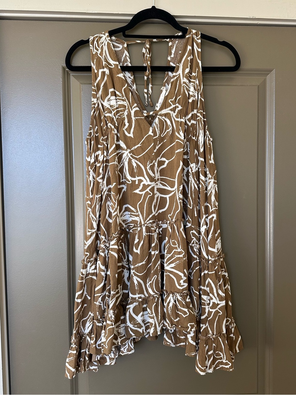 Brown and White Floral Sleeveless Tiered Dress - Woman’s Size Medium